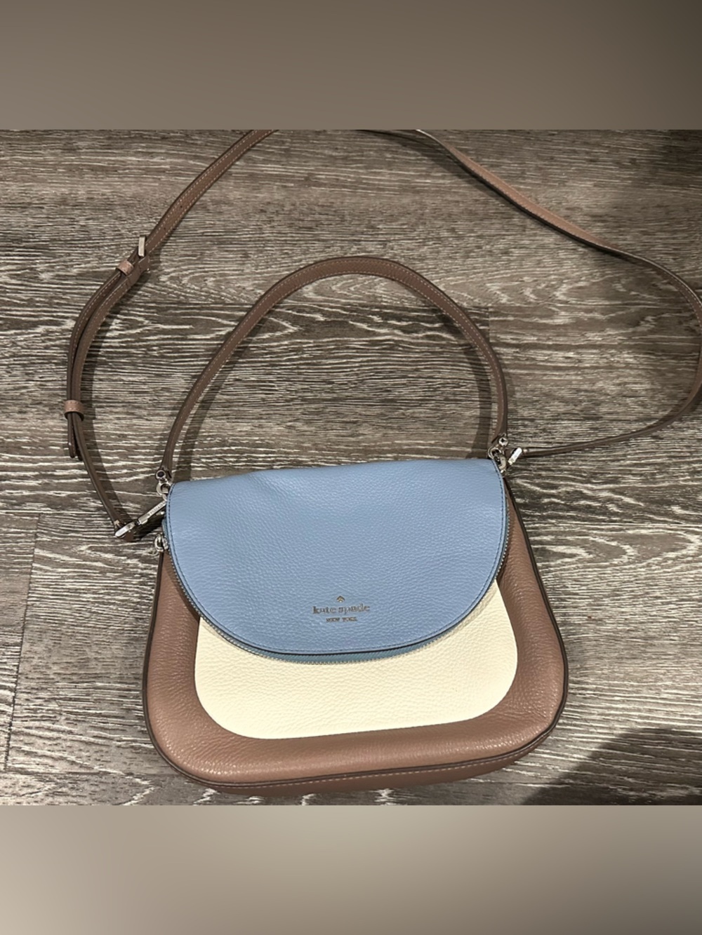 kate spade Pebbled Tricolor Saddle Crossbody — Brown, Cream & Light Blue - Picture 2 of 12